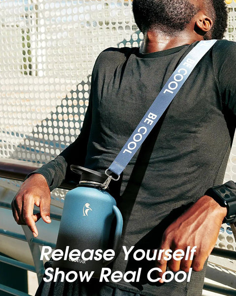 Half Gallon Insulated Water Jug With Comfy Grip Handle Keeps Your Drinks Ice Cold All Day Long No Fuss Carry Design Perfect For Gym Sessions Road Trips Or Heavy Duty Hydration on shoulder strap