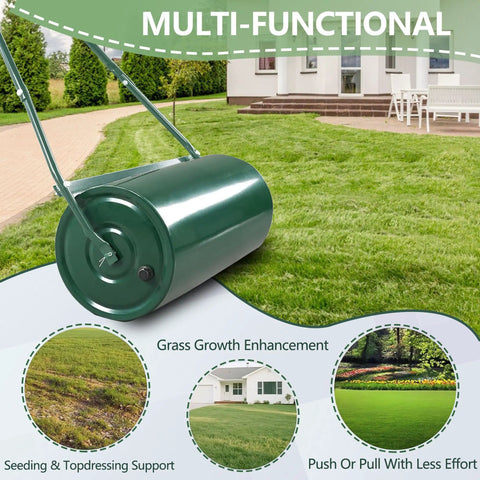 10 Gallon Lawn Roller With 20 Inch Steel Drum, Sand Or Water Fill, Heavy Duty Construction, Easy Turn Drain Plug, U Shaped Ergonomic Handle displayed on grass