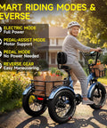 Beast Fat Tire Electric Trike For Adults With 750W Motor Peak 1350W, 52V 25Ah Removable Battery, 50 Mile Range, 7 Speed, 4 Piston Hydraulic Brakes, Cargo Rack, Blue with rider and grocery bags