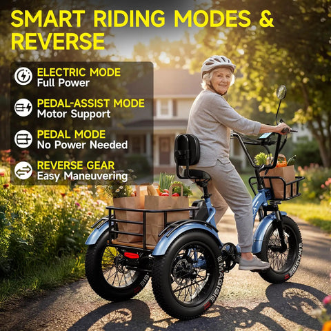 Beast Fat Tire Electric Trike For Adults With 750W Motor Peak 1350W, 52V 25Ah Removable Battery, 50 Mile Range, 7 Speed, 4 Piston Hydraulic Brakes, Cargo Rack, Blue with rider and grocery bags