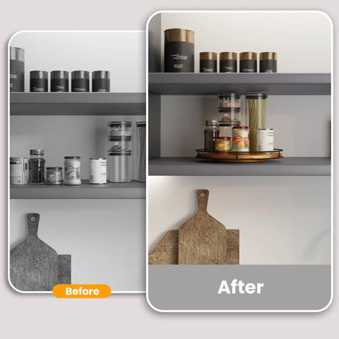TIDITA 16-inch acacia wood lazy Susan with metal frame on kitchen cabinet shelf holding jars.
