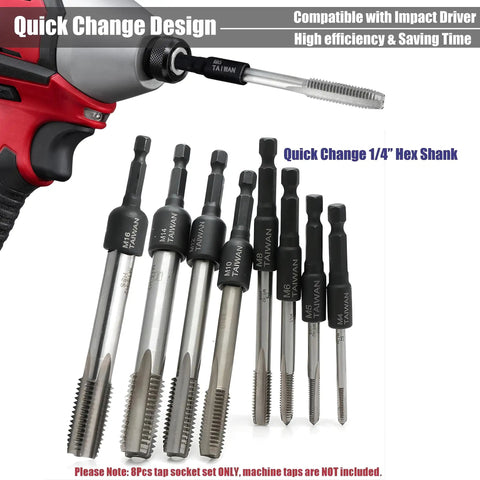 8 Piece M4 To M16 Screw Tap Socket Set With One Quarter Inch Hex Shank Quick Change Machine Tap Holder For Impact Driver