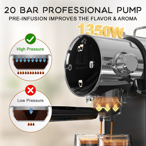 No Fuss Twenty Bar Semi Automatic Espresso Machine With Slick Touch Panel Controls and dual glass cups pulling espresso.