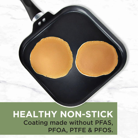 Nonstick Square Griddle Pan With Easy To Clean Surface and Stay Cool Handle Even Heat Distribution Dishwasher Safe 11 Inch Cookware