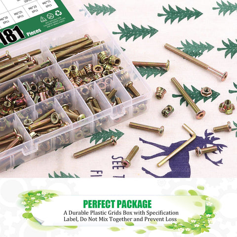 All In One M6 Zinc Plated Furniture Hardware Replacement Kit with 181 Pieces in plastic organizer box on fabric background