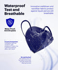 KN95 Face Mask 60 Pack Individually Wrapped 5 Ply Breathable Multicolor Masks For Adults With Adjustable Nose Clip And Flexible Ear Loops Comfortable All Day Great For Travel Work And Public Spaces, showing waterproof and breathable design with water droplets.