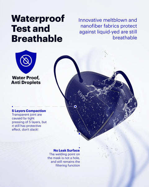 KN95 Face Mask 60 Pack Individually Wrapped 5 Ply Breathable Multicolor Masks For Adults With Adjustable Nose Clip And Flexible Ear Loops Comfortable All Day Great For Travel Work And Public Spaces, showing waterproof and breathable design with water droplets.