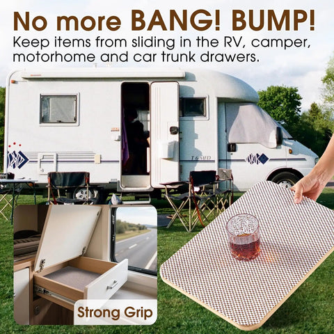 Top Shelf Nonslip Shelf Liner For Kitchen Cabinets And Drawers, White Non Adhesive Mat, used in RV drawer for strong grip.