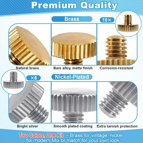16 Piece Lyre Holder Screw Set For Saxophone Trumpet And Tuba, featuring brass and nickel-plated screws with detailed finishes.