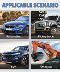 Four images showing vehicles: Automotive, Pickup trucks, SUV, and Excavator, depicting usage for Three Quarters Inch Double Steering Universal U Joint Shaft Coupler DD To DD With 70 Degree Max Angle Five And One Eighth Inch Overall Length Chrome Finish Rugged Steel Construction Heavy Duty Drive Linkage.