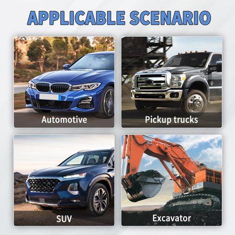 Four images showing vehicles: Automotive, Pickup trucks, SUV, and Excavator, depicting usage for Three Quarters Inch Double Steering Universal U Joint Shaft Coupler DD To DD With 70 Degree Max Angle Five And One Eighth Inch Overall Length Chrome Finish Rugged Steel Construction Heavy Duty Drive Linkage.