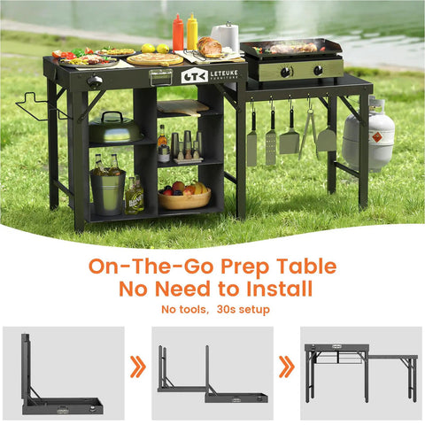 Portable Grill Table For Blackstone Griddle And Ninja Fits Foldable Prep Table With Storage, Black, Outdoor Setup