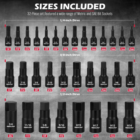 Impact Socket Set With 36 Piece Hex Bit Kit For Quarter Inch, Three Eighths Inch And Half Inch Drives Sockets Display