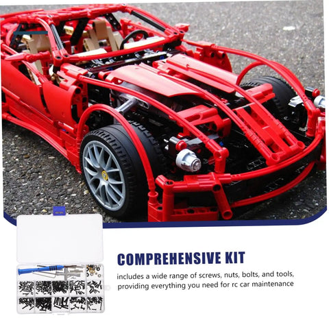 RC Car Screw Tool Kit With Compact Case Includes Nuts Bolts And Tools For Various Models Essential Maintenance Set With Durable Iron Fasteners And Metric Screw Assortment For DIY Repairs shown with model car