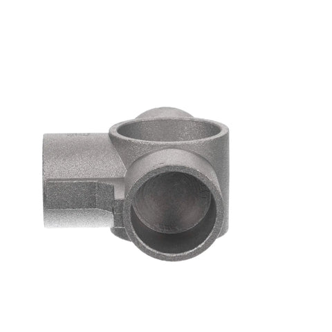 Brushed Aluminum Center Cross Brace Fitting Links 1-5/8 Vertical Pipes To Three 1-1/4 Horizontal Rails, gray die-cast joint stabilizer.