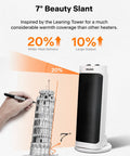 Powerful 1500W Ceramic Space Heater With Wide Oscillation next to leaning tower sketch, white, 17.7 inch tall, side view