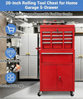 Heavy Duty Rolling Tool Chest With Five Spacious Drawers And Lockable Bottom Cabinet Detachable Mobile Workbench For Garage Storage in red.