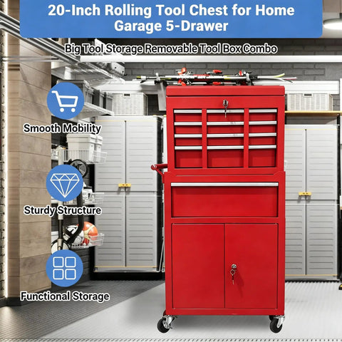 Heavy Duty Rolling Tool Chest With Five Spacious Drawers And Lockable Bottom Cabinet Detachable Mobile Workbench For Garage Storage in red.