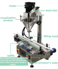 No Sweat Automatic Powder Filler Machine For 10 To 200 Gram Subpackets showcasing motor, filling nozzle, and stainless alloy construction.