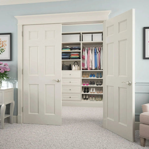 Right Hand Satin Nickel Accent Door Lever Non Turning Dummy Handle Surface Mounted Decorative Door Pull For Inactive Door Or Double Door Setup Perfect For Home Renovations And Modern Interiors on white closet doors in a modern interior room.