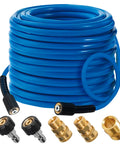 50 Ft High Pressure Washer Hose 3600 PSI Flexible And Kink Resistant Replacement With One Quarter Inch Quick Connect M22 Three Eighths Inch Adapters Heavy Duty Power Washer Extension Blue, coiled with adapters