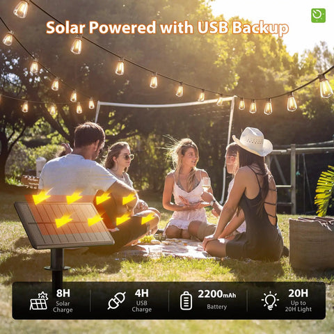 33 Feet Solar String Lights Outdoor With Remote, Waterproof Shatterproof Patio Lights hanging over a group sitting outside.