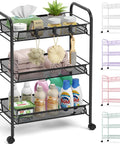 Three Tier Metal Rolling Cart With Mesh Wire Shelving And Wheels, Easy Assembly Utility Trolley for home organization with items.