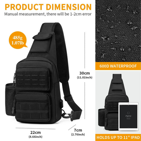 Black Tactical Sling Bag Crossbody For Men and Women EDC Shoulder Pack With MOLLE, Lightweight 600D Nylon, fits 11-inch iPad