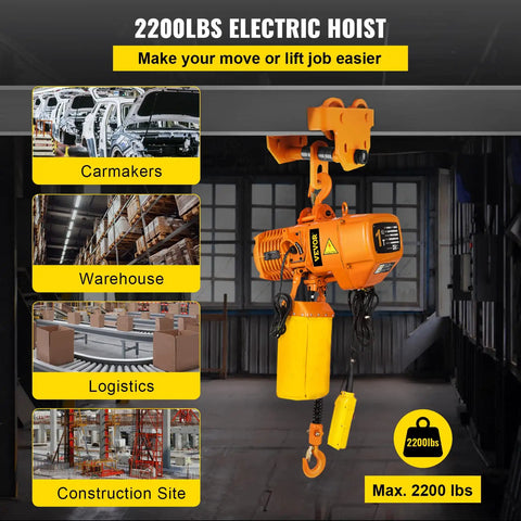 Heavy Duty 1 Ton Chain Hoist, Single Phase Electric Motor With Double G80 Mount Chain And Pendant Control, 2200 lbs capacity in warehouse setting.
