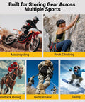 Image showcasing motorcycling, rock climbing, horseback riding, tactical gear, skiing; heavy duty wall mounted helmet rack use