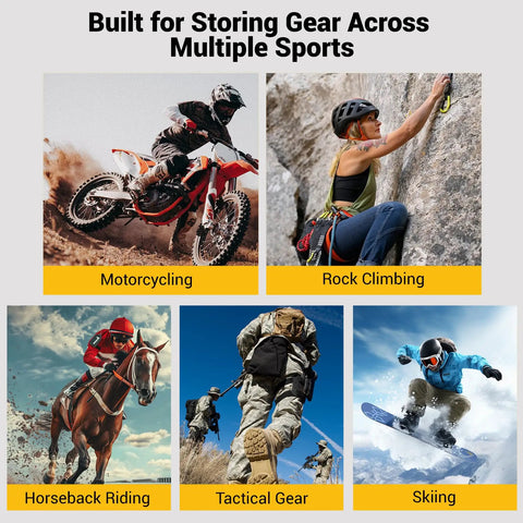 Image showcasing motorcycling, rock climbing, horseback riding, tactical gear, skiing; heavy duty wall mounted helmet rack use