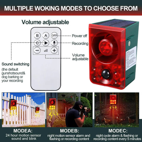 Two Pack Solar Outdoor Motion Sensor Alarm Deterrent With Gunshot Sound And Barking 130dB Loud Noise Maker red with remote control