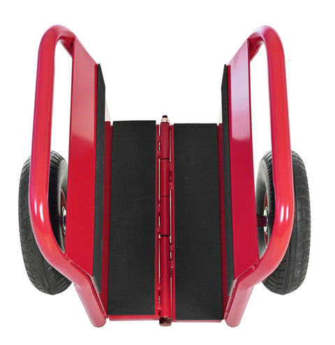 No Sweat Heavy Duty Panel Dolly Cart With One Thousand Pound Capacity And Ten Inch Reliable Solid Rubber Tires For Easy Drywall Loads Heavy Door Slides And Contractor Gear Runs In Glossy Red, top view showcasing rubber tires and sturdy design.