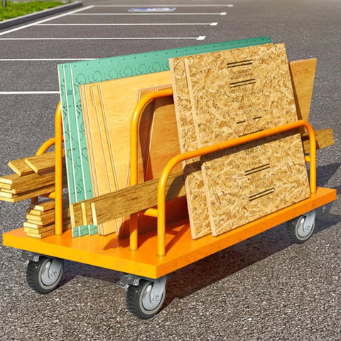 Uyoyous 6-inch heavy-duty caster wheels set of 4 on an orange cart carrying plywood boards; 2 locking, 2 non-locking