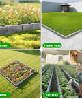 Collage showing Heavy Duty Garden Edge Borders 16 Pack No Dig Lawn Edging used in garden, flower beds, lawns, terraces