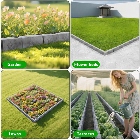 Collage showing Heavy Duty Garden Edge Borders 16 Pack No Dig Lawn Edging used in garden, flower beds, lawns, terraces