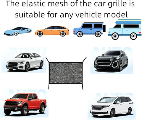 Badass Heavy Duty 43X29in Grille Mesh Guard For Tesla Cybertruck, elastic mesh for all vehicle models, featuring sturdy hooks.