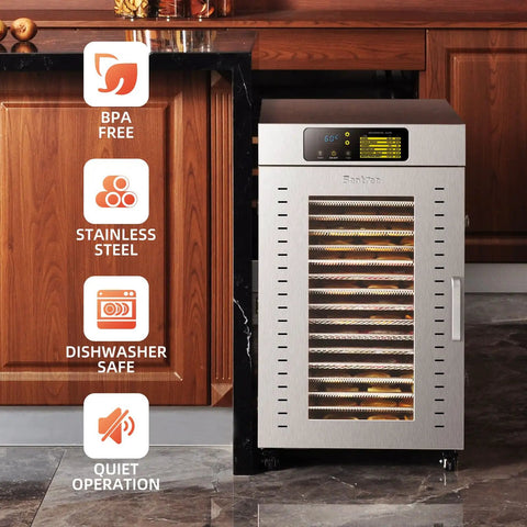 Heavy Duty Commercial Food Dehydrator With Eighteen Stackable Trays, A Hardcore Two Thousand Watt Heater, And All Stainless Steel Build displayed in a kitchen setting.