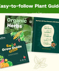 Three gardening guides with covers titled 'Organic Herbs' and 'Seed Grow Guide Organic' on a light background.