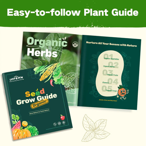 Three gardening guides with covers titled 'Organic Herbs' and 'Seed Grow Guide Organic' on a light background.