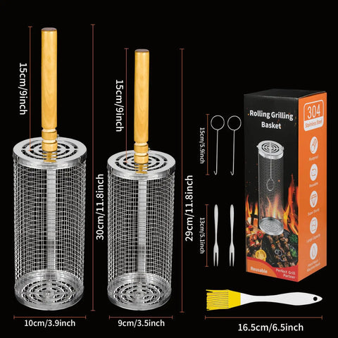 Outdoor Grill Baskets Set 2 Pack Stainless Steel Grillin Baskets With Long Wooden Handles For Easy Turning And Even Heat Barbecue Gear For Men Gift Idea with packaging and accessories