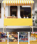 Foldable Wooden Market Stall Booth With Canopy, Outdoor Vendor Cart, Mobile Street Food Stand, Commercial Business Setup Featuring Dope White Stripe Design with yellow canopy.