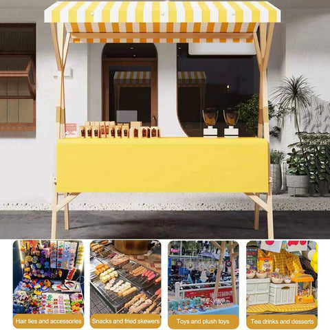 Foldable Wooden Market Stall Booth With Canopy, Outdoor Vendor Cart, Mobile Street Food Stand, Commercial Business Setup Featuring Dope White Stripe Design with yellow canopy.