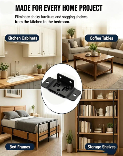 Heavy Duty L Shape Furniture Brackets Set for Cabinets Shelves Bookcases and Wardrobes with home applications pictured