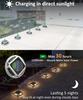 Charging 8 Pack Solar Deck Lights Outdoor Waterproof LED Dusk To Dawn For Backyard Garden Pathway Walkway Patio And Sidewalk 12 LED Solar Dock Lights Marine Grade Warm White in sunlight and glowing at night