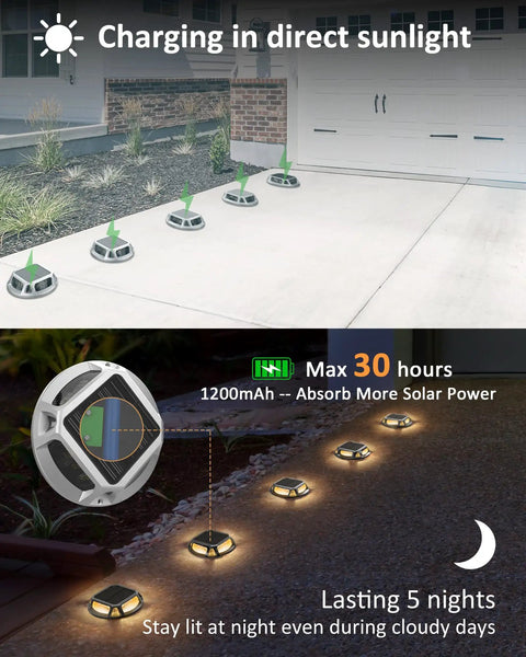 Charging 8 Pack Solar Deck Lights Outdoor Waterproof LED Dusk To Dawn For Backyard Garden Pathway Walkway Patio And Sidewalk 12 LED Solar Dock Lights Marine Grade Warm White in sunlight and glowing at night