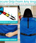 Vive Light Transfer Sling For Showering And Home Care showing 4 reinforced lift points and repositioning handles for safe use.