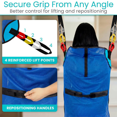 Vive Light Transfer Sling For Showering And Home Care showing 4 reinforced lift points and repositioning handles for safe use.