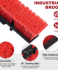 Close-up of heavy duty push broom with 70 inch extendable handle for outdoor garage driveway and sidewalk cleaning, red bristles