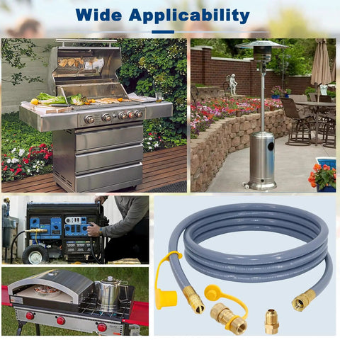 12 Feet Half Inch ID Natural Gas Hose With Quick Disconnect For BBQ Grills Pizza Ovens Patio Heaters And More Propane To Natural Gas Conversion Kit CSA Certified in use with various outdoor appliances.